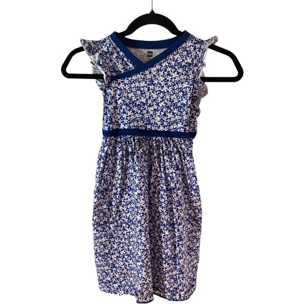 Tea a-line dress. Size 8. Blue Cyprus Flutter Sleeve Floral Crossover Design.